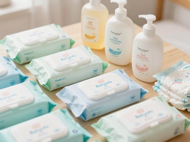 Soft baby wipes, gentle lotions, and diapers neatly arranged, warm, soft lighting, gentle and caring atmosphere.