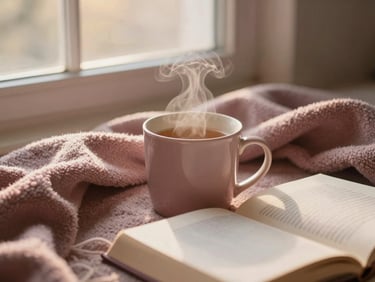 A cozy reading nook with a warm blanket, a steaming mug of tea, and a soft-focus book cover in dusty rose tones, golden-hour light