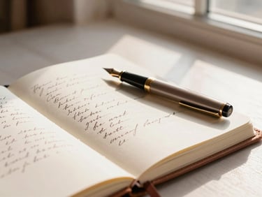 An open leather-bound notebook with handwritten cursive scribbles, a classic fountain pen resting on the page, soft shadows