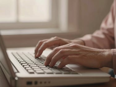 A close-up of a writer's hands typing on a vintage keyboard, warm diffused light from a nearby window, soft focus