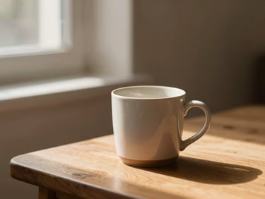 A cozy reading nook with a ceramic mug on a wooden table, soft shadows, warm diffused light, shallow depth of field
