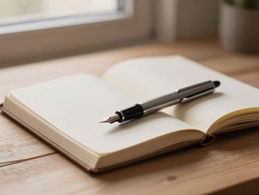 An open notebook with a fountain pen resting on it, soft-focus background of a wooden desk, warm editorial tones