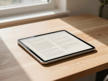 A clean, minimalist workspace with a tablet displaying highly structured text documents, warm morning light casting geometric shadows on a wooden desk, 35mm