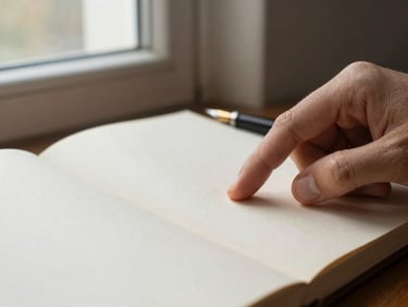 Macro close-up of a hand turning a page of a heavy, textured cream paper dossier, soft directional window light, fountain pen resting nearby, shallow depth of field, 35mm