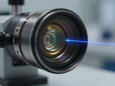 Cross-section of high-precision optical lenses catching a laser-blue refraction ray, sterile cleanroom setting.