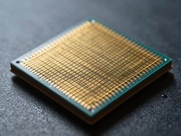 Macro shot of gold-bonded wire threads on a silicon wafer, cool sterile studio lighting, high-contrast.