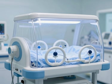 A modern medical infant incubator, clear protective canopy, specialized neonatal monitoring sensors, soft sterile blue lighting