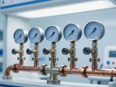 Engineered medical gas pipeline manifold with copper pipes and digital pressure gauges, sterile clinical laboratory lighting, cool blue tones