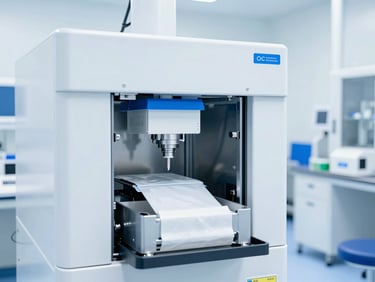 A high-tech cleanroom manufacturing facility with automated packaging machinery for sterile medical devices, bright white lighting, clinical blue accents