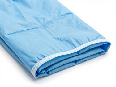 Folded sterile blue medical gowns and caps in a clinical laboratory setting, high-key white light