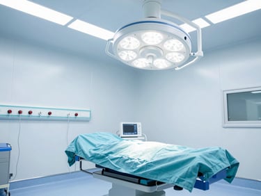 Wide-angle architectural shot of a modern sterile modular operation theatre with medical gas outlets, bright clean lighting