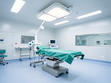 Wide-angle architectural shot of a finished modular operation theatre in a corporate hospital, sterile teal accents, pristine cleanroom environment, bright high-key medical photography