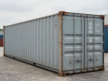 Three-quarter overhead shot of a 20-foot ISO shipping container in an outdoor compound, overcast daylight, visible weld seams and corner castings, honest weathering, no people
