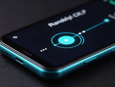 Close-up of a premium Android device screen displaying a complex physics-based UI transition, vibrant cyan glow reflecting on the device edge, dark studio background, macro lens.