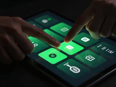 Hands interacting with a premium Android tablet, screen displaying a complex, dark-themed app layout with emerald green accents, extreme close-up of fingers on screen.