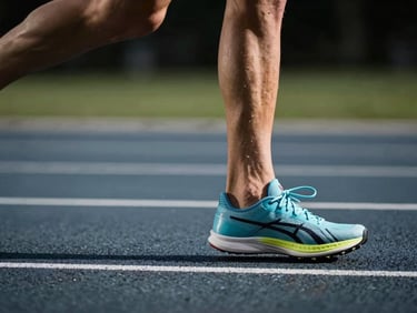 High-speed camera capture of a runner in mid-stride, focusing on ankle alignment and foot contact, overlaid with clean technical graphics, cool tones.