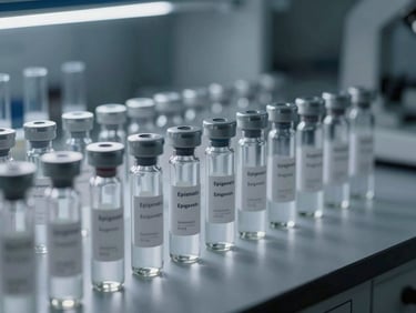 Vials of epigenetic testing kits in a cool-toned, sterile laboratory setting, sharp focus on glass tubes with high-contrast technical lighting, 35mm lens.