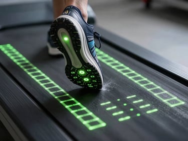 Macro shot of technical running shoe outsole striking a pressure-sensitive gait analysis treadmill, neon green glowing sensors, high-contrast side-lighting, cool technical tones