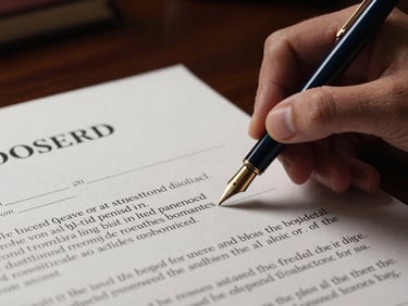 Authoritative close-up of a fountain pen signing a complex legal contract on a dark mahogany table, dramatic low-key lighting, sharp focus on the metallic nib, gold accents, cinematic editorial photography, 35mm
