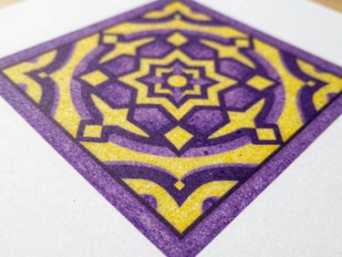 Detail of a sacred art print, showcasing vibrant purple and yellow hues, precise geometric patterns, luminous fine art photography, bright natural daylight, clean white background.