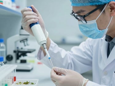 Close-up of a scientist in a sterile blue-lit laboratory analyzing agricultural samples with high-precision pipette, clinical focus, desaturated tones