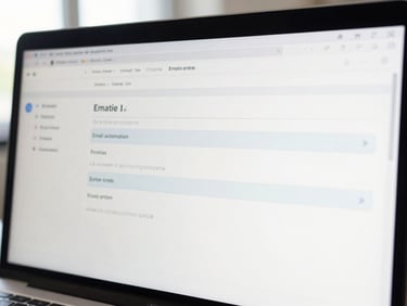 Close-up of a computer monitor showing a clean email automation workflow interface, bright daylight lighting.