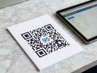 A printed QR code on a professional flyer sitting on a marble desk next to a tablet displaying a lead tracking dashboard.