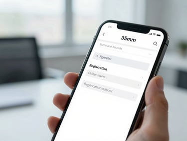 Close-up of a smartphone displaying a clean, professional registration form, held by a person in a bright office, shallow depth of field.