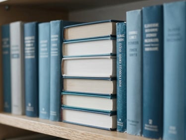 A stack of classic theological books on a wooden shelf, soft morning light, muted blue and teal tones.