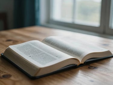 Soft-focus open Bible on a wooden table, warm morning light filtering through a window, shallow depth of field.