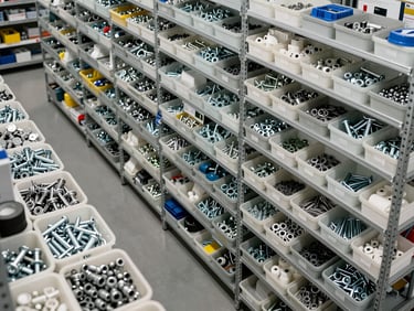 Overhead wide shot of organized industrial supply inventory — bins of fasteners, fittings, and MRO components arranged in labeled rows on metal shelving, bright clinical overhead lighting, no people, documentary framing showing organized stock depth