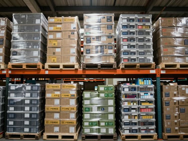 Wide overhead shot of consumer product cases and packaged goods stacked in organized rows on warehouse shelving, bright clinical overhead lighting, product labels visible but not legible, documentary framing showing stock depth and quantity
