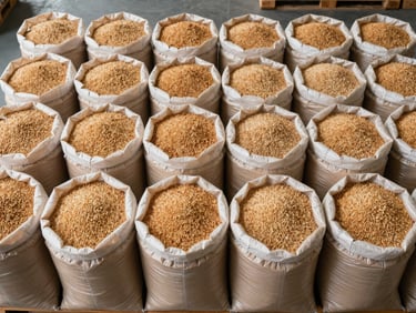 Tight overhead shot of raw commodity goods — bags of grain or bulk dry goods arranged in organized rows on a warehouse pallet, bright clinical overhead lighting showing texture and quantity clearly, flat documentary framing with no people