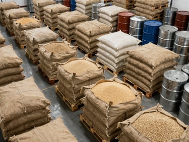 Overhead wide shot of organized raw commodity pallets in a large warehouse — burlap sacks, grain bags, and metal drums arranged in dense rows under bright clinical overhead lighting, showing full stock depth and scale