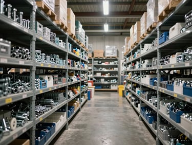 Wide environmental shot inside an industrial supply warehouse — metal shelving loaded with MRO parts, fasteners, and hardware bins under clinical overhead lighting, shot from mid-aisle showing full stock scale and organization depth