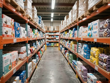 Overhead wide shot of organized consumer goods inventory on warehouse shelving — boxed household products and packaged goods stacked in uniform rows under bright overhead fluorescent lighting, showing full aisle depth