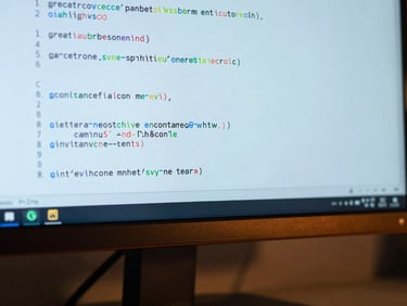 Macro close-up of clean, well-commented code blocks on a modern matte monitor, cool blue studio lighting with sharp safety-orange accent reflections on the screen bezel.