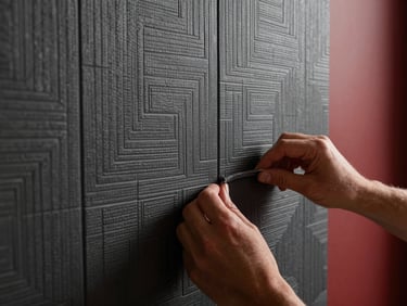 Close-up of luxury textured geometric wallpaper being meticulously aligned on a flat wall, hands of a craftsman smoothing the seam, dramatic side lighting, sharp focus, 35mm lens