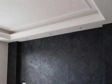 Dramatic architectural photo of a finished luxury home interior, highlighting a flawless white coffered ceiling and dark charcoal feature wall under soft natural daylight