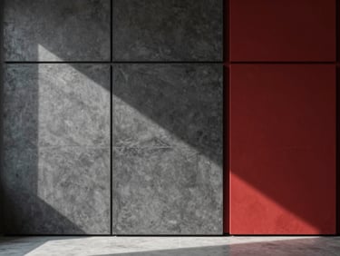 Modern living room featuring large-format geometric concrete-look wall panels, minimalist design, sharp focus.