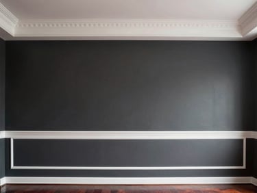Modern living room with a deep charcoal painted accent wall, crisp white trim, flawless smooth paint texture