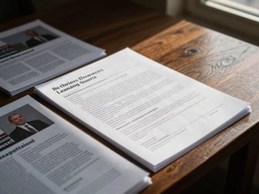 Close-up of printed campaign materials and legislative briefs on a heavy oak table, dramatic side lighting, high-contrast.