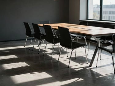 Sunlit modern boardroom with empty chairs, long shadows stretching across the floor, high contrast, editorial photography.