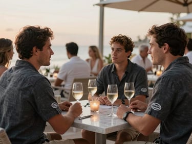 Candid shot of a lively conversation table at an upscale outdoor lounge in Punta Cana, language matching stickers visible on linen shirts, soft evening ambient light.