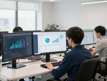 A clean modern startup office with developers and finance dashboards on screens, bright natural light, 35mm