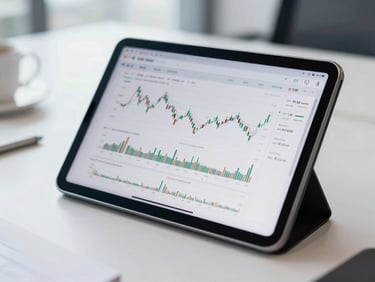 Close up of a modern tablet displaying financial charts on a desk in a bright Jakarta office, cool desaturated tones
