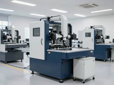 Modern clean manufacturing floor with automated machinery, bright crisp lighting, professional industrial photography