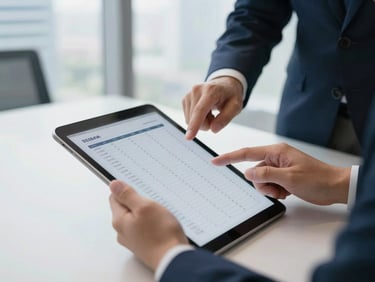Hands of financial professionals reviewing balance sheets on a tablet, crisp natural office light, modern Jakarta office, 35mm