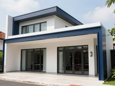 A modern luxury villa exterior with clean architectural lines, bright natural Bali daylight, 35mm