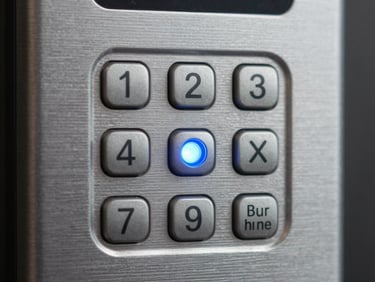 Macro shot of physical security hardware, biometric access control keypad with brushed steel texture and a clean blue indicator light.